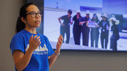 Ilene Chiu, M.D., a Faculty Associate in Otolaryngology – Head and Neck Surgery, speaks to employees gathered for the fifth-anniversary celebration at the Monty and Tex Moncrief Medical Center at Fort Worth, held in conjunction with Employee Recognition Week.