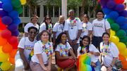 Brunch: Members of the Pride Brunch planning team – from the Office of Institutional Equity & Access’ Division of Diversity & Inclusion and the Office of Student Diversity & Inclusion – pose for a group photo. Front row, from left: Faris Aschalew, Anahi Becerra Sandoval, Keneshia Colwell, Shibani Bhandary, and Mary Durbin. Back row, from left: Dr. Sharbari Dey, Tatiana Gonzalez, Shawna Nesbitt, M.D., M.S., Travis Gill, Virginia Valentin, and Arnaldo Diaz Vazquez, Ph.D.