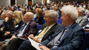 Drs. Goldstein, Brown, and Eric Olson, Ph.D., (right) listen to the presentations beside speakers (from left) Drs. Garcia, Clevers, and Vosshall.