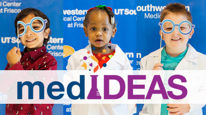 Three children wearing labcoats and holding medical props for photos with the medIDEAS logo overlaid