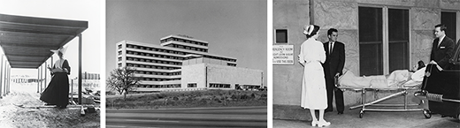 Three images: a nun at a building under construction, the finished building, and a patient being wheeled in on a gurney