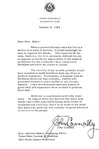 Letter from John Connally to Mrs. Marilyn Baker, managing editor of the Texas State Journal of Medicine, January 8, 1964.