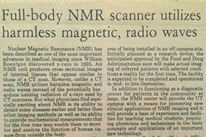 Newspaper article with headline Full-body NMR scanner utilitzes harmless magnetic, radio waves