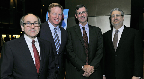 (from l-r) Dr. Daniel K. Podolsky, UTSW President; Roger Goodell, NFL Commissioner; Dr. Hunt Batjer, Chair of Neurologicial Surgery; Dr. Mark Goldberg, Chair of Neurology and Neurotherapeutics at the 2014 Paul M. Bass Neurosurgery Symposium on Traumatic Brain Injury.