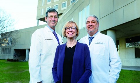 Dr. Hunt Batjer, Chair of Neurological Surgery (left), Dr. Kathleen Bell, Chair of Physical Medicine and Rehabilitation (center), and Dr. Mark Goldberg, Chair of Neurology and Neurotherapeutics (right), lead UT Southwestern Medical Center’s Texas Institute for Brain Injury and Repair.
