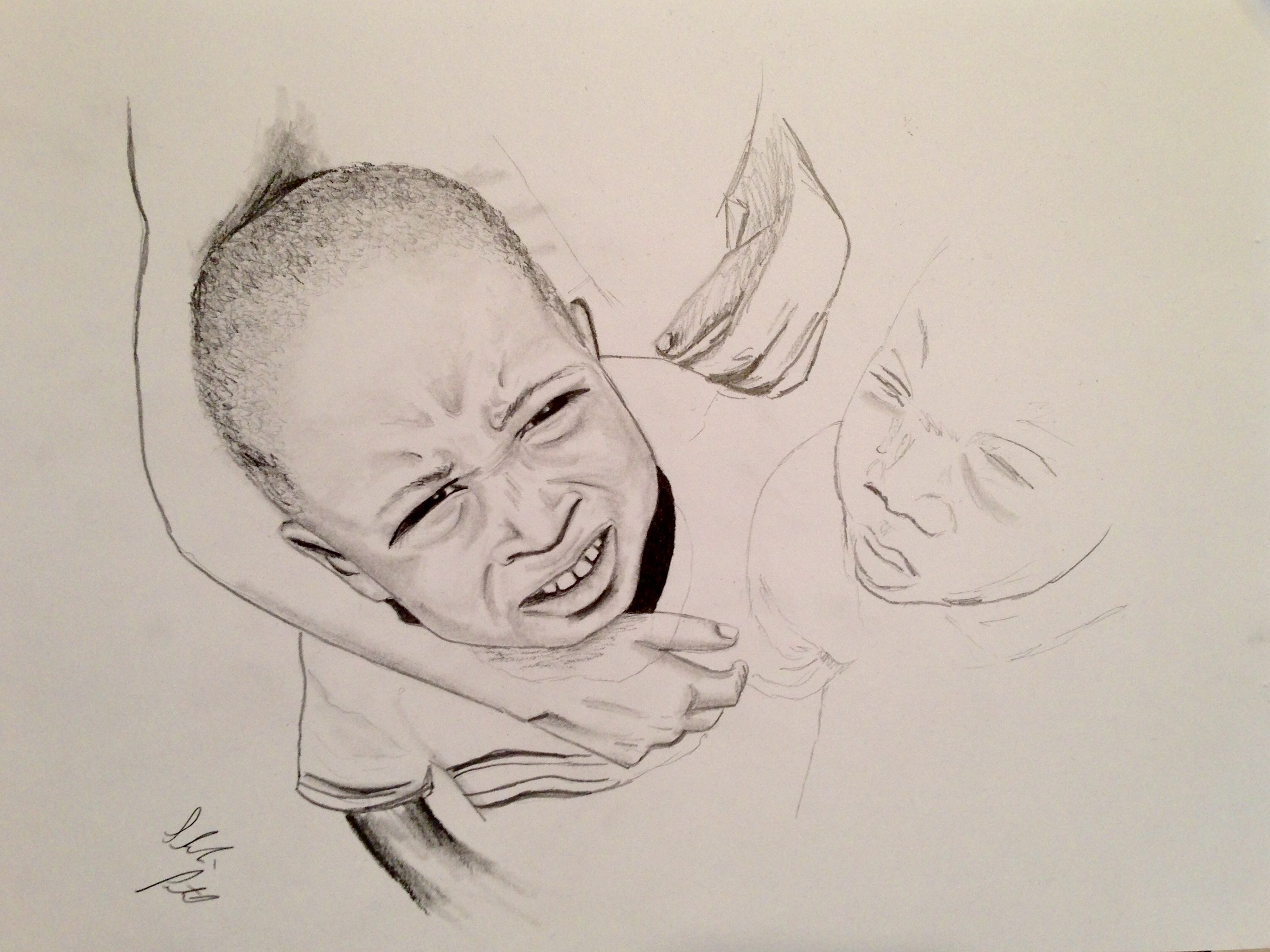 Drawing of child with another person's arm wrapped around his head