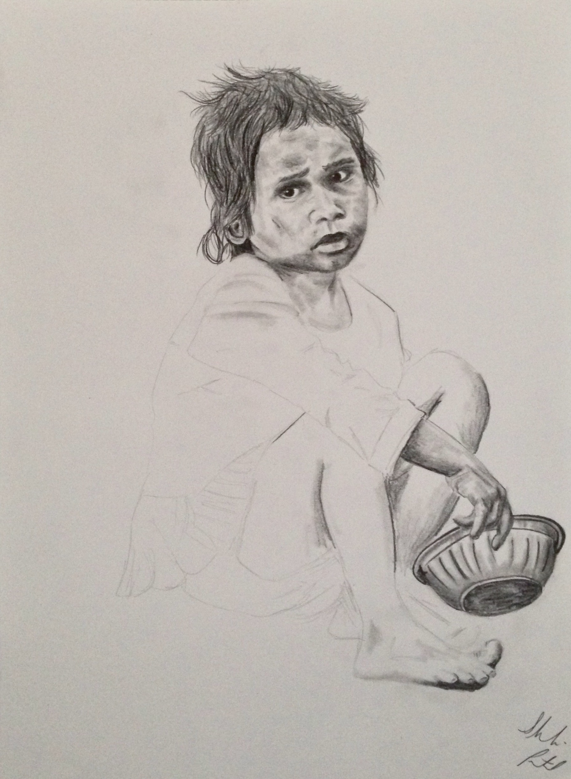Drawing of seated girl with bowl