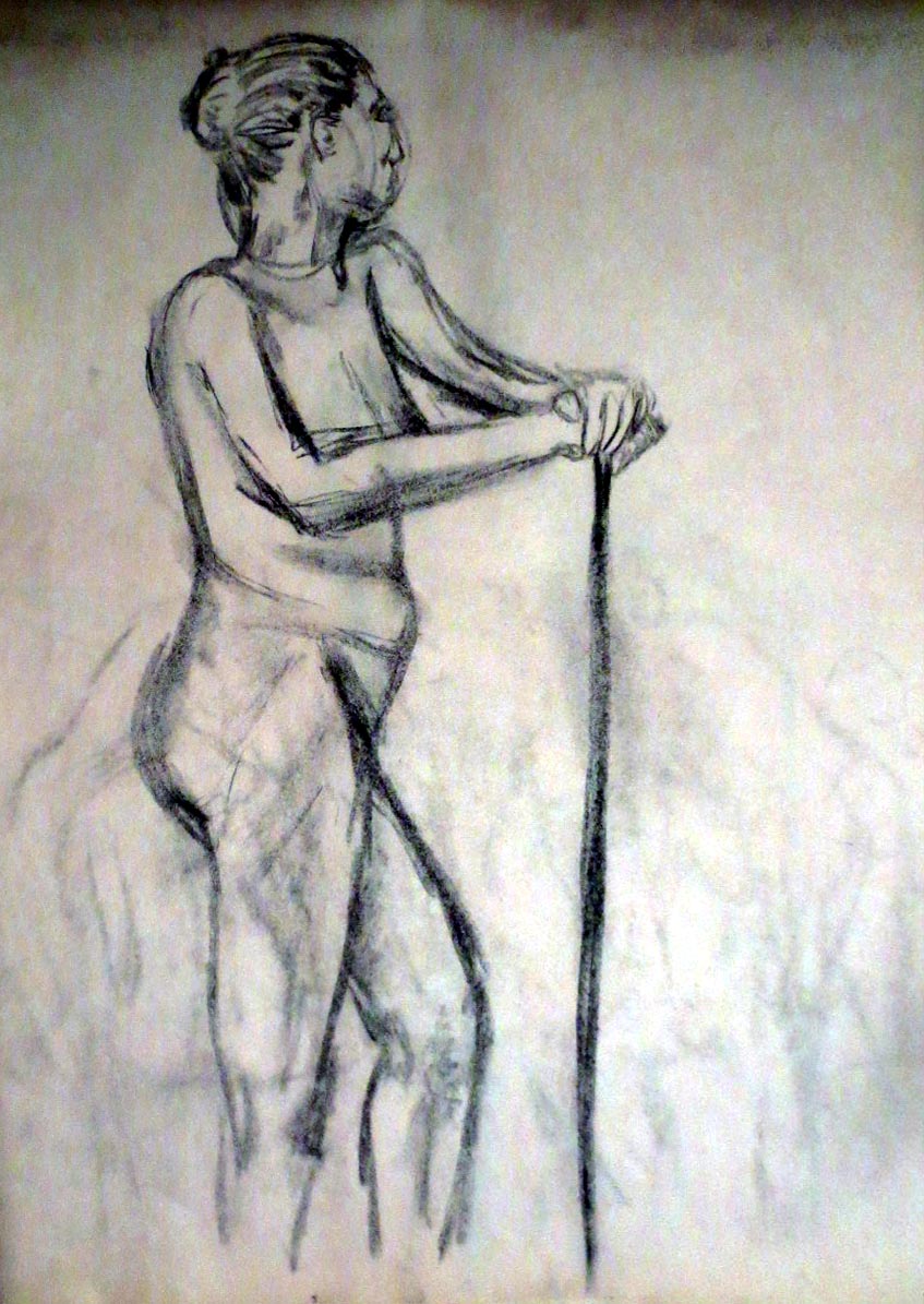 Pencil drawing of nude person standing with a stick