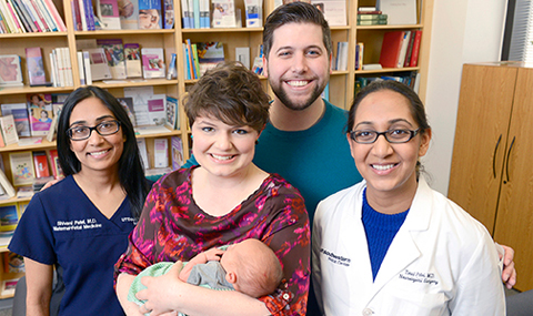 The Creeds – Rachel, Michael, and baby Caedmon – were served by sibling Drs. Shivani and Toral Patel (left, right).