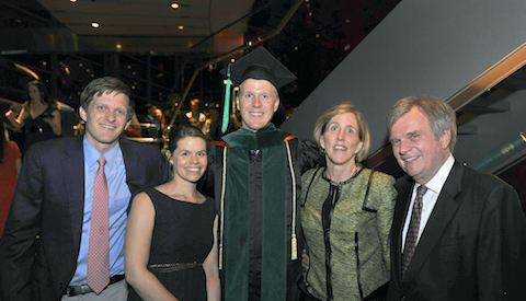 Dr. Helen Hobbs’ career in research has been balanced by a supportive home life. At the 2014 Medical School Commencement, Dr. Hobbs and her husband, Dr. Dennis Stone (at right), celebrated the day with son Dr. Langdon Stone, winner of the Eliot Goldings Award in Rheumatology for that year, son Hunter Stone, then about to enter his fourth-year studies, and daughter-in-law Laurel Stone, Langdon’s wife. Both younger Dr. Stones are now internal medicine residents at UT Southwestern.