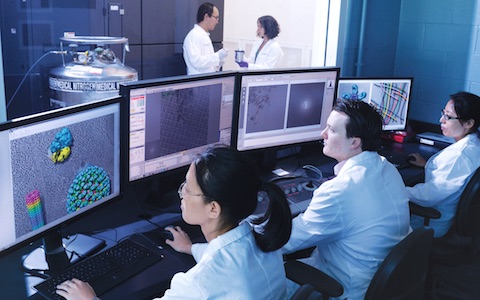 Team members in the cryo-electron microscope facility view 3-D images of objects obtained from the high-powered Titan Krios microscope (background)