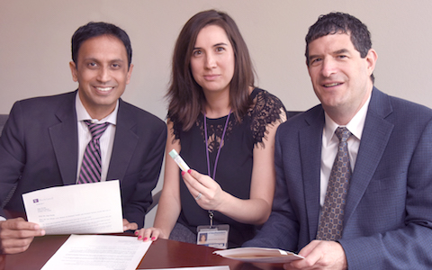 Dr. Amit Singal (left), research coordinator Katharine McCallister, and Dr. Ethan Halm (right) found that follow-up letters and FIT tests can help improve colon cancer screening completion.