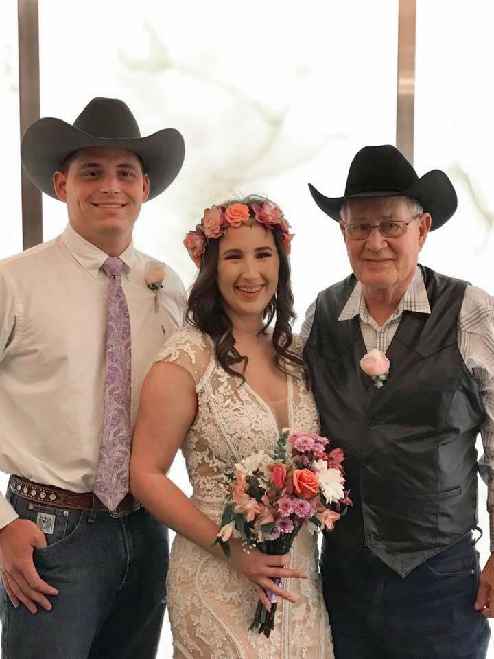 Groom and bride Blake and Kaitlyn Barnett and Kaitlyn’s grandfather, Edwin Hipsher
