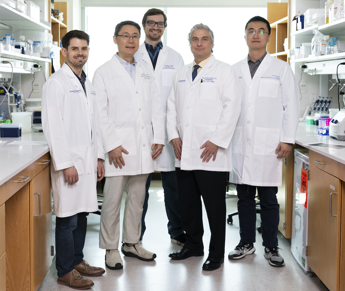 UTSW researchers (from left) Zachary Bennett, Ph.D., Jinming Gao, Ph.D., Anthony Grichuk, B.S., Baran Sumer, M.D., and Qiang Feng, Ph.D.