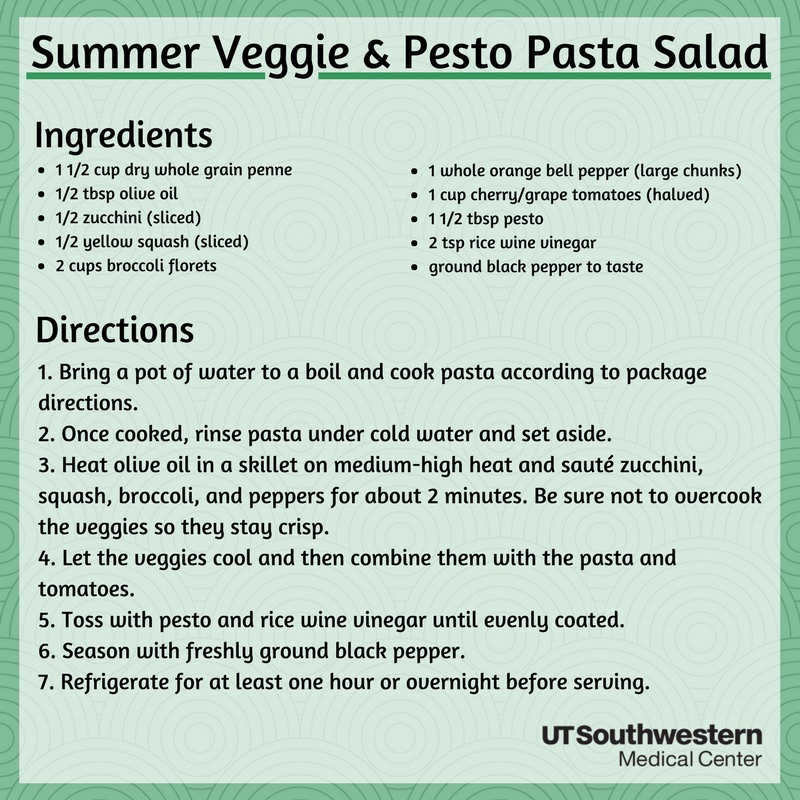 Summer veggie and pesto pasta salad. Recipe in PDF