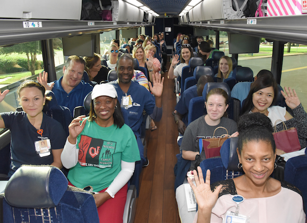 UT Southwestern nurses on the charter bus to Houston. 