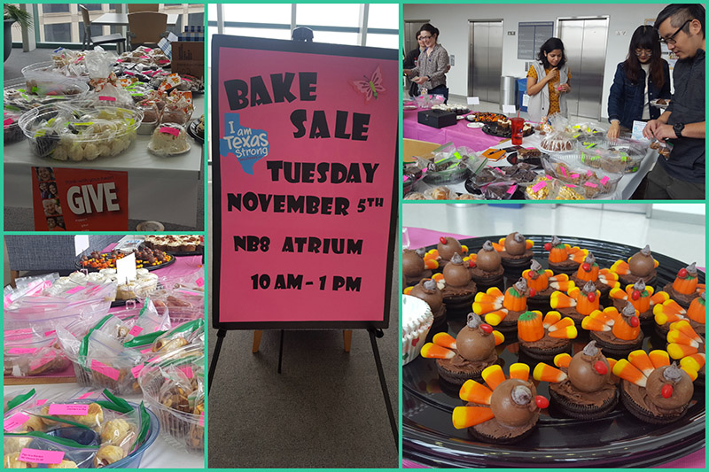 Composite of items at a bake sale, including chocolate cookies with milk balls and candy corn to look like turkeys