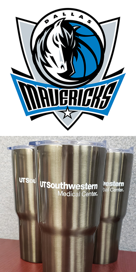 The Dallas Mavericks logo and three stainless steel UT Southwestern tumblers