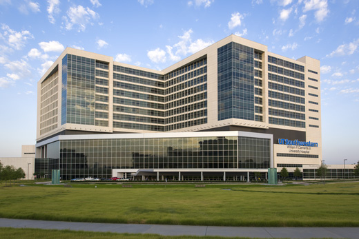 Clements University Hospital, front view, daytime
