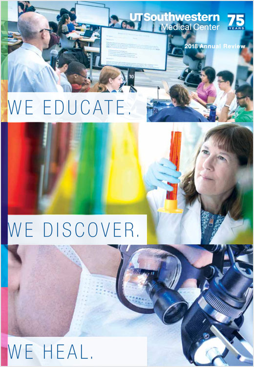 2018 Annual Review cover image showing the themes of We Educate, We Discover, We Heal