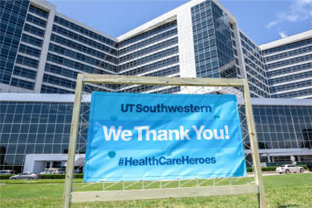 A sign in front of Clements University Hospital thanks health care workers
