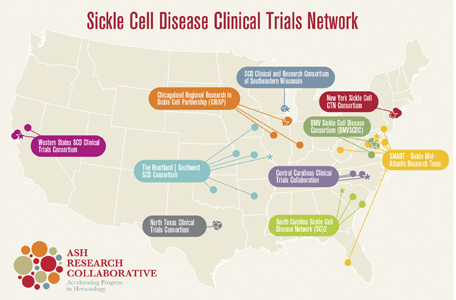 Sickle Cell Disease Clinical Trials Network with U.S. locations marked with dots