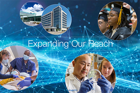 Expanding Our Reach text with five circles with images of a medical building and medical professionals