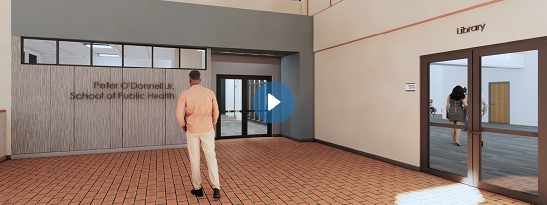 A virtual video shot of a man standing in front of the Peter O’Donnell Jr. School of Public Health sign in the building