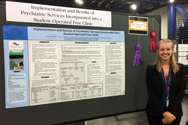Whitney Stuard presents a poster on the implementation and results of psychiatric services incorporated into a student operated free clinic