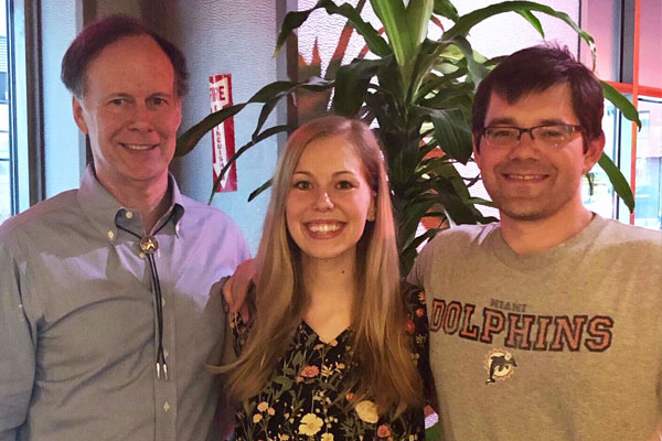 Jamie Pfaff with her Kaelin lab mentors, Dr. William G. Kaelin, Jr., Lasker Prize winner, and Dr. Ben Lampson at her farewell dinner in June 2019.
