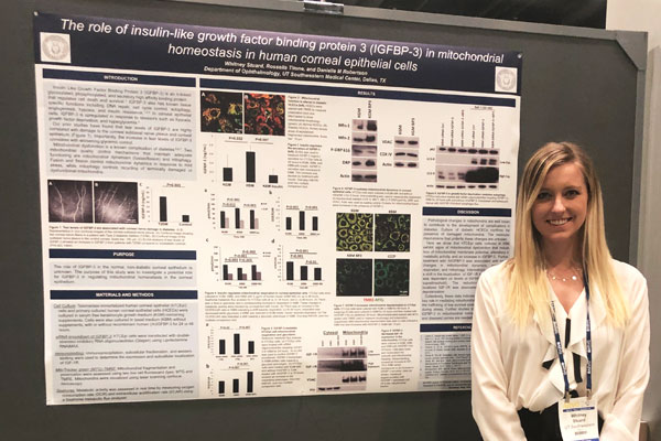 Whitney Stuard presenting a poster on the role of insulin-like growth factor binding protein 3 in mitochondrial homeostasis in human corenal epithelial cells