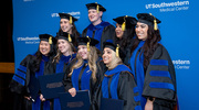 Doctor of Clinical Psychology graduates taking time for a celebratory photo include: (top row, from left) Emma Reutimann, Ph.D., Briana Horrocks, Ph.D., Julia Livingstone, Ph.D., Adriana Cabrales, Ph.D., and (bottom row, from left) Deborah Shear, Ph.D., Alyssa Kaser, Ph.D., Molly Michaels, Ph.D., and Hudaisa Fatima, Ph.D.