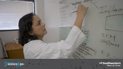 Woman writing on whiteboard.
