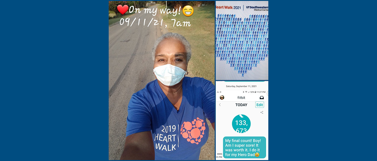 Woman in mask in a selfie jogging, along with screenshots of her final step count