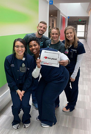 Kady Le, Radiation Oncology: “Our favorite place on campus is our loooong hallway of vaults! We definitely get our steps in every day!” Pictured, clockwise from top left: Gezim Ceka, Sydney Schornack, Kari Carter, LaChandra Wilcox, Kady Le.