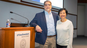 At the podium are Program Co-Chairs Lee Kraus, Ph.D., Director of the Cecil H. and Ida Green Center for Reproductive Biology, and Rueyling Lin, Ph.D., Associate Dean of Biomedical Research Recruitment & Advancement.