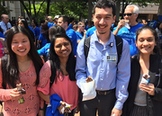 Medical students Eva Wu, Shailavi Jain, Max McColloster, and Sona Manjunath at the 75th anniversary Party on the Plaza.