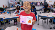 Jett Avant, a student at Biomedical Preparatory at UT Southwestern, showed off the Valentine’s Day card he made for a patient at Clements University Hospital. Jett, now a third grader, and his fellow students all made cards in February to brighten up patients’ days.