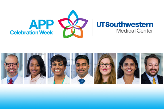 APP Celebration Week logo and UTSW logo, 7 headshots