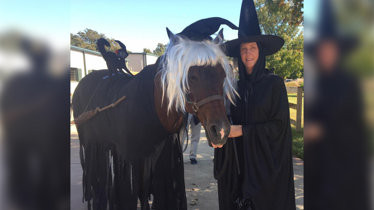 Woman and horse, both dressed as witches wearing all black