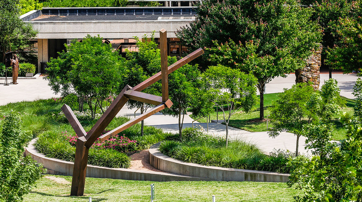 Overhead view of two sculptures on the plaza