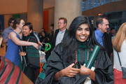 Medical students celebrate graduation in the Meyerson Symphony Center lobby.