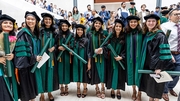 All smiles as graduates are (from left) Amulya Pratapa, M.D., Lucy Cai, M.D., Madhuri Gottam, M.D., Swathi Rayasam, M.D., Amani Ramiz, M.D., Pooja Achanta, M.D., Saheba Bhatnagar, M.D., Ruby Bandey, M.D., and Madison Granger, M.D.