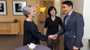 Joan Conaway (left), Ph.D., Vice Provost and Dean of Basic Research, congratulates Doujia Pan, Ph.D., Chair of Physiology, on his election in May to the National Academy of Sciences, one of the highest honors for American scientists. Dr. Pan’s wife, Elizabeth Chen, Ph.D., Professor of Molecular Biology and Cell Biology, (center) and other faculty and guests attended a reception both in his honor and for a second faculty member elected, Russell DeBose-Boyd, Ph.D., Professor of Molecular Genetics. Dr. Pan, also a Howard Hughes Medical Institute Investigator, discovered the Hippo signaling pathway that controls organ size in animals. Dr. Conaway holds the Cecil H. Green Distinguished Chair in Cellular and Molecular Biology. Dr. DeBose-Boyd holds the Beatrice and Miguel Elias Distinguished Chair in Biomedical Science. Dr. Pan holds the Fouad A. and Val Imm Bashour Distinguished Chair in Physiology.