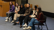 Students representing all UT Southwestern’s schools share their career passions with the audience. From left: Maggie Williams, School of Health Professions; Amanda Saving, Peter O’Donnell Jr. School of Public Health; Ria Mukherji, Graduate School of Biomedical Sciences; Gina Park, Medical Scientist Training Program; Priya Tirumala, Medical School; and Mikayla Rigsby, Medical School.