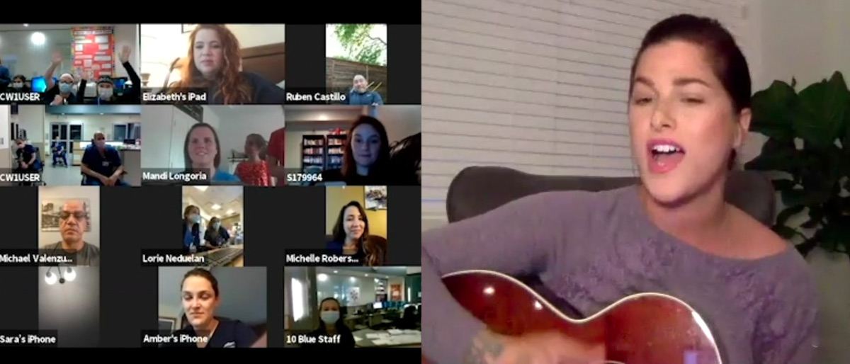 Woman holding guitar singing, next to grid of webinar attendees