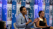 Honoree Tamia Harris-Tryon, M.D., Ph.D., Assistant Professor of Dermatology and Immunology, speaks to the audience during a fireside chat following the Celebrating Breakthroughs Together launch. At right is honoree Maralice Conacci-Sorrell, Ph.D., Assistant Professor of Cell Biology.