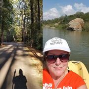 At left, Antoinette Gonzales, Clinical Research Education Manager for the Harold C. Simmons Comprehensive Cancer Center, takes a picture of the road and her shadow while hiking in Daingerfield State Park. At right, Ms. Gonzales poses while kayaking at Lake Mineral Wells State Park & Trailway.