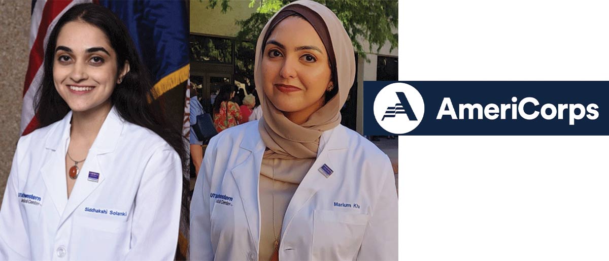two women in white lab coats next to blue AmeriCorps logo