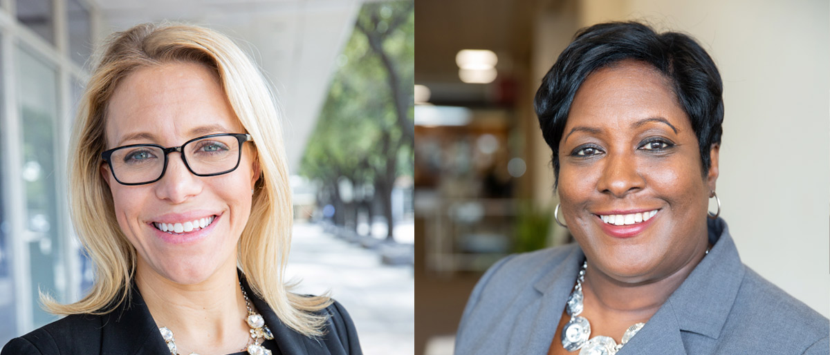 Two women in separate photos, one on the left has blond hair and glasses, wearing a black jacket, the other has short dark hair with a gray jacket.